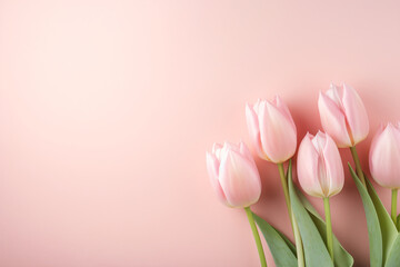 Fresh pink tulips on pink background, copy space, in the style of high detailed, pastel color palette, sculpted, stylish, decorative backgrounds, shaped canvas, delicate textures

