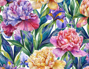 Lovely seamless pattern with beautiful peonies and irises. Floral wallpaper. Watercolor background with beautiful flowers. Hand drawn, 3D illustration. Luxurious fabric, wallpaper, clothing design