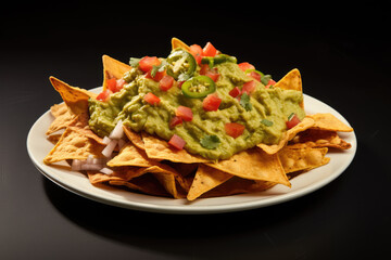 Plate of freshly made spicy nachos with guacamole isolated on transparent background