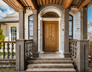 Fototapeta na wymiar Main entrance door in house. Wooden front door with gabled porch and landing. Exterior of georgian style home cottage with columns