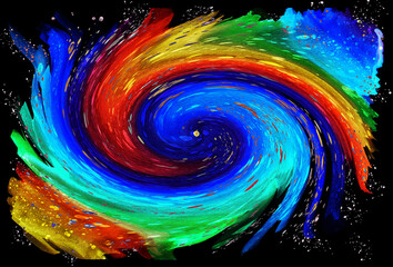 Colorful watercolor swirl on a black background. Watercolor bright dynamic texture. Illustration.