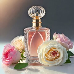Butelka perfum otoczona różami, perfumy różane