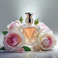 Butelka perfum otoczona różami, perfumy różane - obrazy, fototapety, plakaty