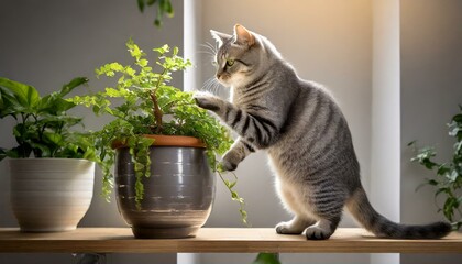 Kot próbujący strącić doniczkę z kwiatkiem