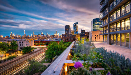 Main downtown view from the high line rooftop; long exposure