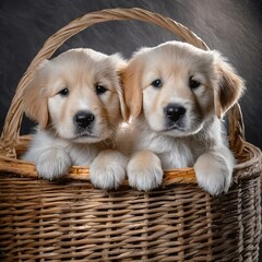  Puppies in a wicker basket