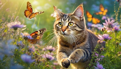 Kot polujący na motyle na łące