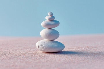 Fototapeta na wymiar stacked zen stones on a soft blue background 