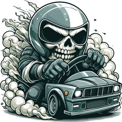 Skull driving car theme drawing in a punk outfit, chibi style
