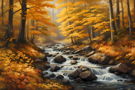 A painting of a stream running through a forest