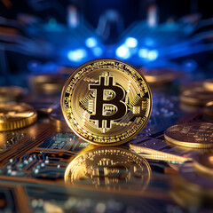 BTC market and cryptocurrency concepts on an abstract blue background Generative AI