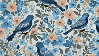 Foto op Plexiglas seamless floral pattern with blue birds of the same color © yahan balch