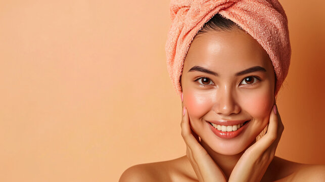 Beauty skin. Head and shoulders of asian indonesian woman model, touching glowing, hydrated facial skin, apply toner, skin cream or lotion for healthy look, after shower portrait, white background.