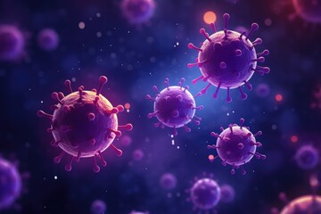 Dark purple background with virus cells, 3D illustration. - obrazy, fototapety, plakaty