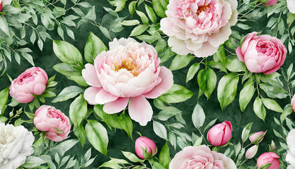 seamless floral pattern with pink peonies, roses and green foliage