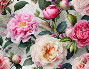 seamless floral pattern with pink roses, peonies and wild centim