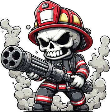 Skull become firefighter theme drawing in a safety outfit, chibi style