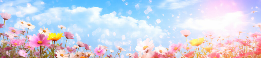 The colorful flowers and sky together with sunlight, in the style of digital airbrushing, bokeh panorama, realistic blue skies, soft-edged, small brushstrokes, tilt shift, organic and flowing forms

 - obrazy, fototapety, plakaty