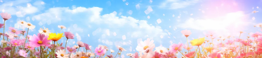 The colorful flowers and sky together with sunlight, in the style of digital airbrushing, bokeh panorama, realistic blue skies, soft-edged, small brushstrokes, tilt shift, organic and flowing forms   © Possibility Pages