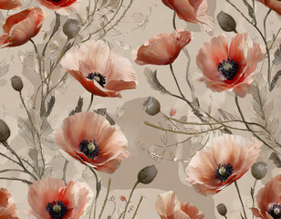 seamless floral pattern with red poppies_ photo in beige tones
