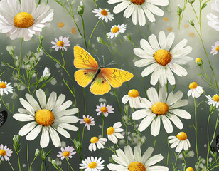 seamless floral pattern with tiny daisies and a yellow butterfly