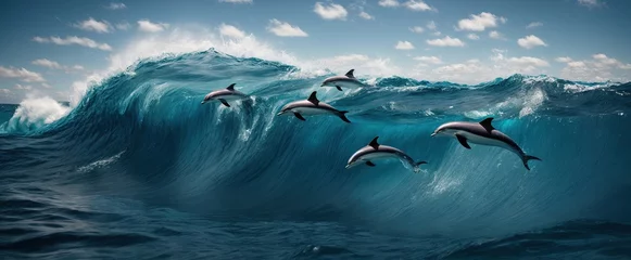 Foto op Canvas An enormous wave that appears to reach the sky is created when a bunch of playful dolphins jump across the deep blue water. © RIDA BATOOL
