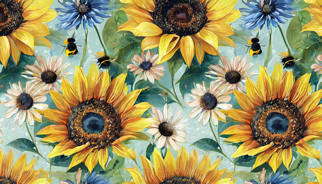 Seamless floral pattern with sunflowers, wildflowers, bumblebees. Vintage botanical wallpaper. Hand drawing, 3d illustration. Summer blooming flowers. Luxury design for wallpaper, textile, clothing