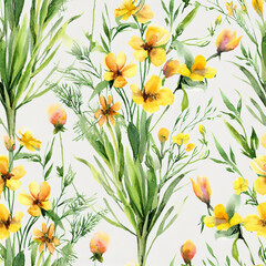 seamless floral pattern with yellow wildflowers and green grass, watercolor
