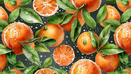 seamless pattern of fresh tangerines and leaves with water drop