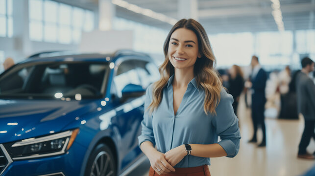Professional luxury car saleswoman in luxury showroom. Auto dealership office. Car dealer business. Smiling woman in showroom. Expensive car. Automotive industry. Luxury car agent
