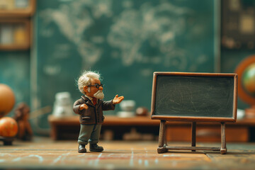 Miniature ceramic toy of a senior professor lecturing beside empty blackboard in the classroom