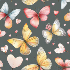 seamless pattern with butterflies and hearts_ watercolor hand drawn illustration
