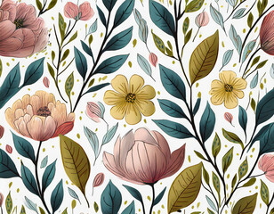 seamless pattern with flowers, leaves and stems on white background