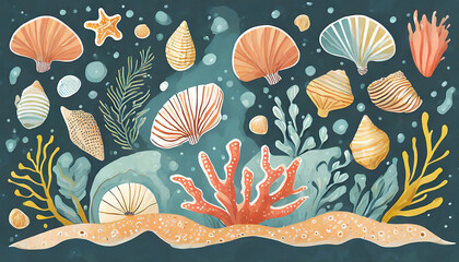 Seashells, coral and seaweeds elements. Hand drawn sea bottom graphic elements. Beach, summer, vacation. - obrazy, fototapety, plakaty