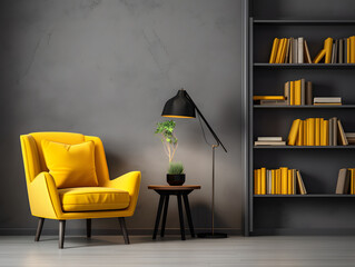 Modern interior room with yellow chair sits next to a bookshelf