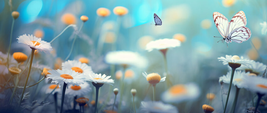 Fototapeta Blooming wild flower field and butterflies, in the style of light indigo and orange, nostalgic mood, photorealistic details, white and azure, photo taken with provia, lovely, cottagecore  