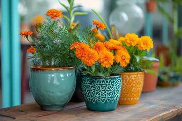 Plants and flowers flourish within an array of elegantly crafted ceramic pots, Vivid, invigorating, sunny Marigold, adding a touch of botanical sophistication to the environment