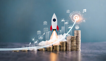 Shortcut Exponential growth or compound interest with rocket launch icon, investment fast track wealth or earning rising up graph increasing profit financial concept - obrazy, fototapety, plakaty
