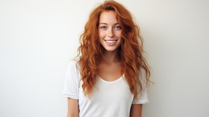 Fototapeta premium Excited redhead freckles female portrait image