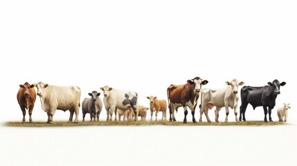 a variety of cattle peacefully grazing against a pure white surface.