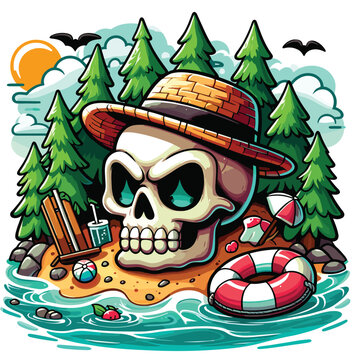 Skull in island middle of sea drawing in chibi style 