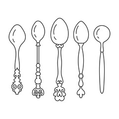 Set of dessert spoons. Various linear icons of spoons. Isolated on a white background.