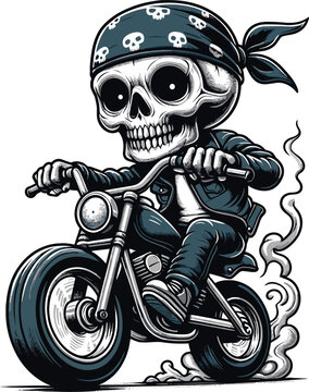 Skull riding motorcycle angry drawing in chibi style
