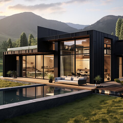 Obraz premium Modern villa with pool at sunset