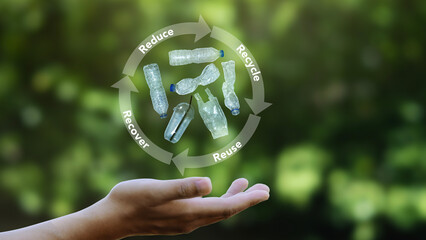 Plastic bottles and plastic bags on the palm Concepts of reduce, reuse, recycle and recover. world...