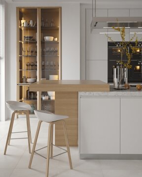 Modern kitchen interior in white colors. 3d render	