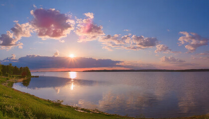 Fototapeta na wymiar Sunset sky panorama with bright glowing pink Cumulus clouds. sun over the lake summer