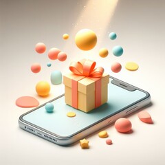 Cartoonish Phone and Gift Box with Colorful Balloons. 3D Cartoon Clay Illustration on a light background.