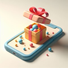 Cartoonish Phone and Gift Box with Colorful Balloons. 3D Cartoon Clay Illustration on a light background.