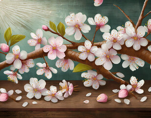 Sweet cherry blossom pattern isolated on a vintage wooden background